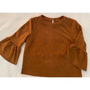 Faux suede, bell sleeve light brown top, size L